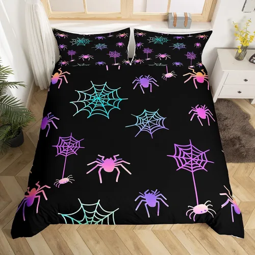 Miniatura 10 de Juego de ropa de cama de Halloween, funda de edredón gótica de murciélagos negros con telarañas, funda de edredón individual, diseño de arañas