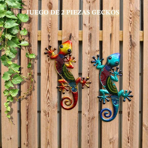 Miniatura 4 de HONGLAND Arte de pared de Gecko de metal, 2 unidades de lagarto de 15 pulgadas, decoración para exteriores, escultura de vidrio colgante, decoración