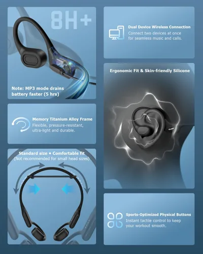 Miniatura 6 de Auriculares de conducción ósea para natación, auriculares deportivos inalámbricos de oreja abierta con conducción híbrida de hueso y aire