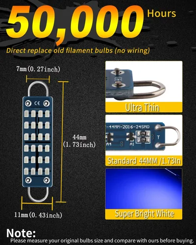 Miniatura 4 de Qasim 44mm (1.73") Bombilla LED de circuito rígido brillante azul, sin polaridad 12V 211-2 212-2 561 562 567 564 RL4410 Luz interior para espejo