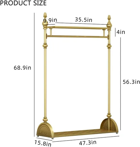 Miniatura 5 de Perchero de ropa dorado, perchero industrial para colgar ropa con estantes dobles independiente, multifuncional, de servicio pesado, perchero