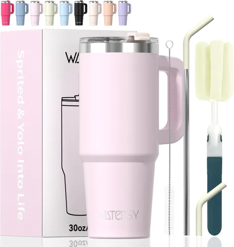 Miniatura 30 de Vaso de 20 oz con asa, vaso con tapa y pajita, vaso de doble pared con aislamiento de acero inoxidable para viajes (frío durante 34 horas), botella