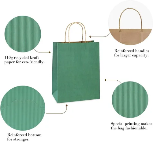 Miniatura 5 de BagDream Bolsas de regalo de 8 x 4.25 x 10.5 pulgadas, 100 bolsas de papel kraft con asas medianas a granel, rayas verdes, 100% recicladas, bolsas