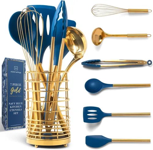 Miniatura 11 de Juego de utensilios de cocina de silicona y cobre blanco con soporte - 17 piezas de elegantes herramientas de cocina en color oro rosa para Blanco