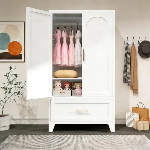Miniatura 11 de Armario Ropero de Metal de 60" con 1 Cajón, Closet Alto Independiente Arqueado de 2 Puertas para Almacenamiento de Ropa con Estantes Ajustables