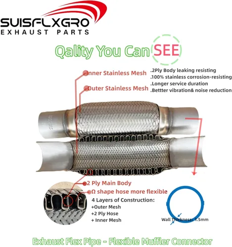 Miniatura 3 de Tubo Flexible de Escape SUISFLXGRO Tipo Universal 100% Acero Inoxidable Para Vehículos Pesados y Coches (1 Pieza, 1.75X6X10)