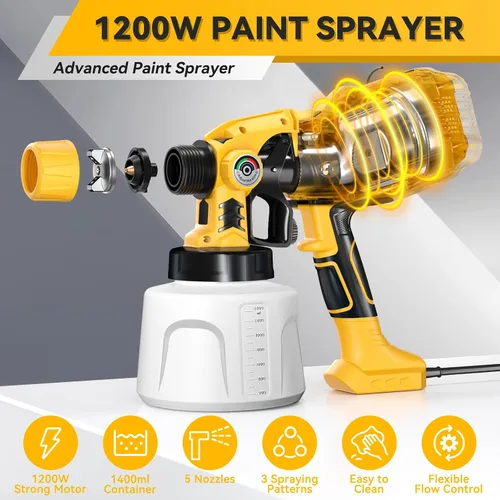 Miniatura 2 de Pulverizador de pintura HVLP eléctrico de 1200W, pistola de pintura en aerosol con 5 boquillas y 3 patrones de pulverización, control de flujo