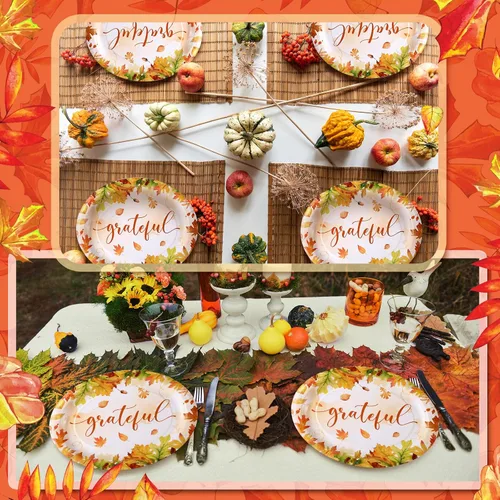 Miniatura 5 de Tioncy 100 Piezas Platos Ovalados Desechables de Papel de 10'' x 12'' de Acción de Gracias Platos Ovalados Grandes de Hojas de Otoño Vajilla