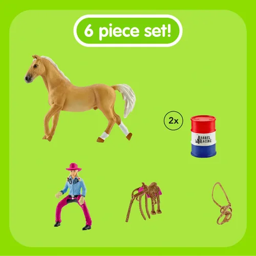 Miniatura 2 de Schleich Farm World - Juego de carreras de rodeo de 2 barriles, juego de carreras de rodeo con vaquera y caballo, juguetes y accesorios realistas