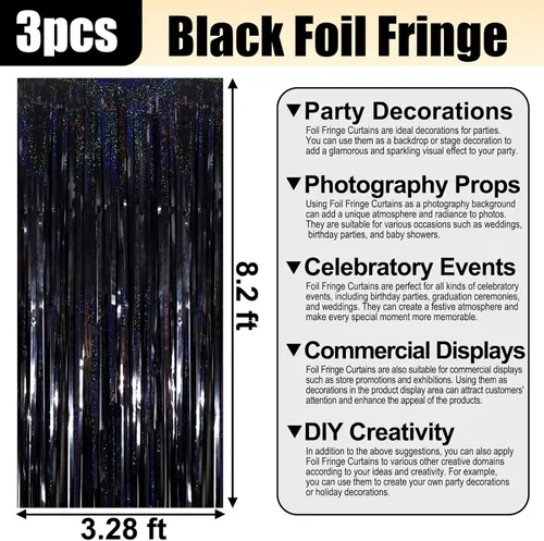 Miniatura 2 de Paquete de 3 cortinas de flecos de papel de aluminio negro, 3.28 pies x 8.2 pies, cortinas metálicas de oropel con flecos para cabina de fotos, día