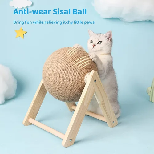 Miniatura 2 de BATTIPAW Rascador de gato, bola rascador de conejo, rascador de sisal natural, bola giratoria para gatos, juguete rascador de madera maciza