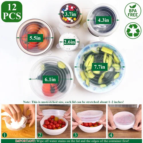 Miniatura 2 de Tapas elásticas de silicona, paquete de 12 tapas de silicona reutilizables para almacenamiento de alimentos, cubiertas de silicona sin BPA