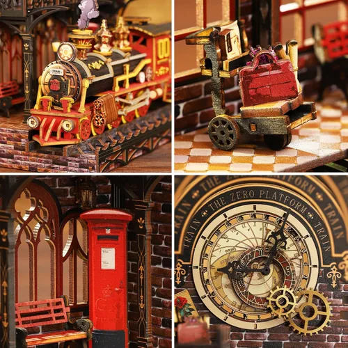 Miniatura 3 de Kit de rincón de libros, kit de bricolaje en miniatura de casa de muñecas con tren de vapor, rompecabezas de madera 3D para colgar libros con LED