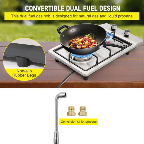 Miniatura 5 de Cocina de gas de 12 pulgadas, estufa de gas integrada de 2 quemadores de acero inoxidable con kit de conversión de NG/LPG, protección de termopar