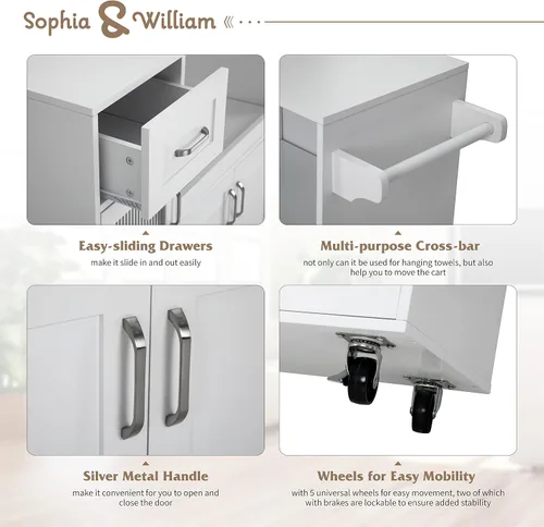 Miniatura 3 de Sophia & William Carrito de isla de cocina con ruedas con bandeja extensible, estante ajustable y puerta de cristal, isla de almacenamiento móvil