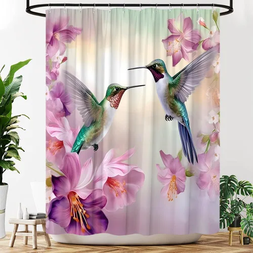 Miniatura 2 de Cortina de ducha floral de colibrí, acuarela, rosa, morado, jardín, naturaleza, paisaje, baño, decoración, juego de cortinas con ganchos
