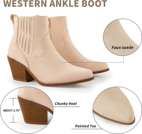 Miniatura 2 de TINSTREE Botines occidentales para mujer, puntera puntiaguda, tacón medio, estilo Chelsea con cremallera lateral, elástico