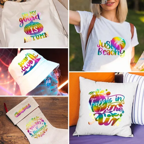 Miniatura 6 de Rollo de vinilo holográfico de transferencia de calor de arco iris, vinilo cromado de 12 pulgadas x 6 pies para planchar para camisetas 02-Arco iris