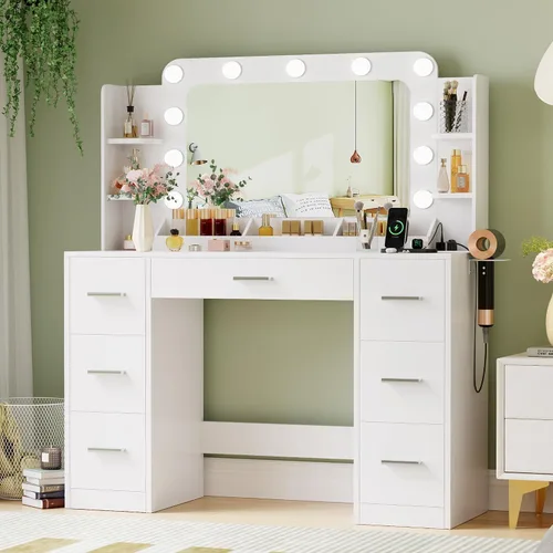 Miniatura 2 de JUMMICO Escritorio de tocador de maquillaje con espejo grande y luces, tocador con regleta de enchufes y soporte para secador de pelo, 6 estantes