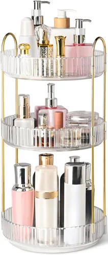Organizador de maquillaje giratorio de 360° para tocador, organizadores de perfumes de 3 niveles, organizadores de cuidado de la piel y Transparente