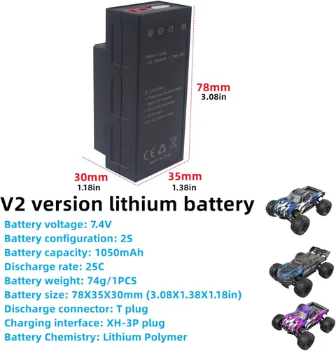 Miniatura 2 de 2PCS 7.4V 1050mAh 2S batería de litio para MJX H16 H16P H16E H16H H16DR H16SC H16BM 16027 14301 JC16EP RCM029 HP161 HB17 RC Speed Car competitivo