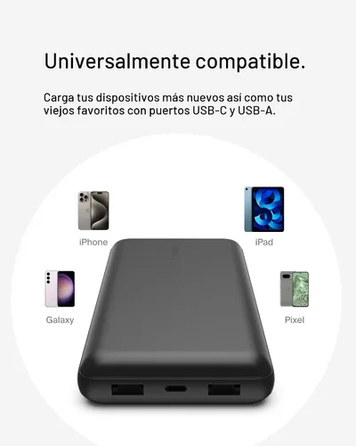 Miniatura 8 de Belkin Cargador Portátil, Batería Externa USB-C 20000 mAh con 2 Puertos USB-A, 15W con Cable Tipo-A a Tipo-C - iPhone 17, Air, Pro, Pro Max, Negro