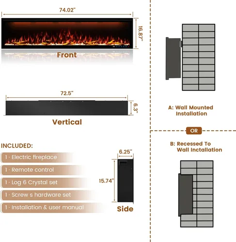 Miniatura 6 de Clihome Calentador eléctrico de chimenea de 74 pulgadas con chimenea LED Wi-Fi para montaje en pared/chimenea eléctrica empotrada con cristales