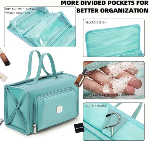 Miniatura 5 de ROYALFAIR Bolsa de maquillaje enrollable, bolsa de aseo impermeable para mujer, organizador de viaje colgante con compartimento organizador de Azul