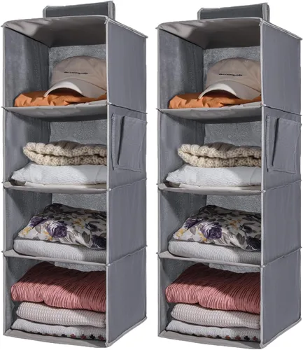 Paquete de 2 organizadores colgantes para armario, estantes colgantes de 4 niveles para armario con inserciones de bambú resistentes, color gris