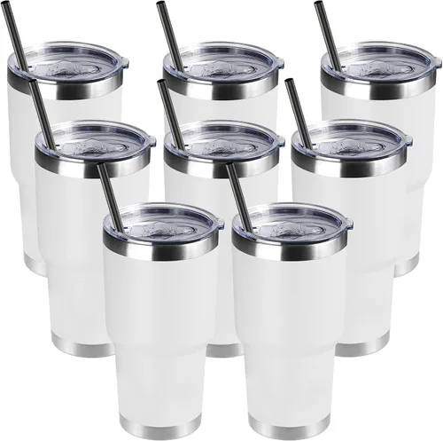 Miniatura 32 de DOMICARE Vaso de 30 oz con tapa y pajita, vasos de acero inoxidable a granel, aislado al vacío de doble pared para café, vaso duradero