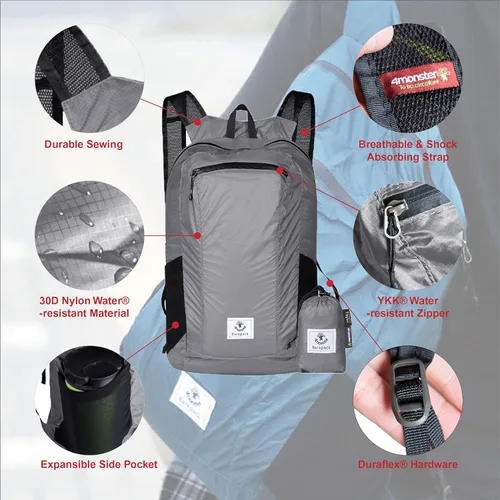 Miniatura 2 de Mochila 4Monster de excursionismo, de día, resistente al agua, ligera, plegable, para viajes, campamento, exteriores Plateado