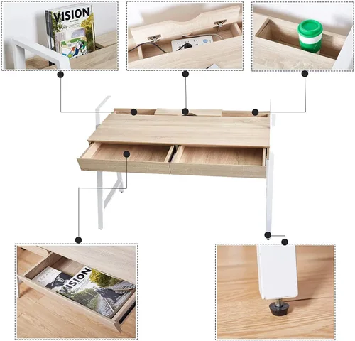 Miniatura 4 de LUCKYERMORE Escritorio para computadora de oficina en casa, mesa de pie de madera de roble de 50 pulgadas con 2 cajones, escritorio de estudio