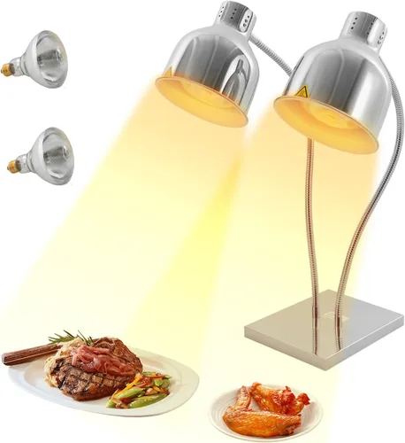 Miniatura 8 de Lámpara de calor de alimentos comercial de 2 cabezales con base cuadrada (11.81 x 7.87 pulgadas), lámpara de calentamiento de alimentos de metal