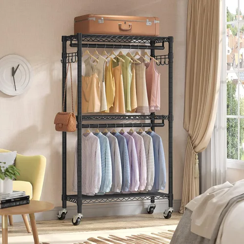Miniatura 2 de VIPEK R2 - Perchero mediano con ruedas y ganchos laterales, resistente para colgar ropa, ajustable con alambre de metal, armario portátil con ruedas
