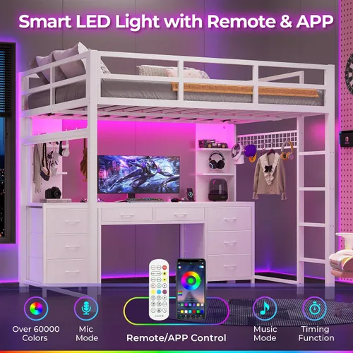 Miniatura 4 de ADORNEVE Cama tipo loft de tamaño completo con escritorio y 8 cajones de almacenamiento, camas loft de metal completas con luces LED y estación