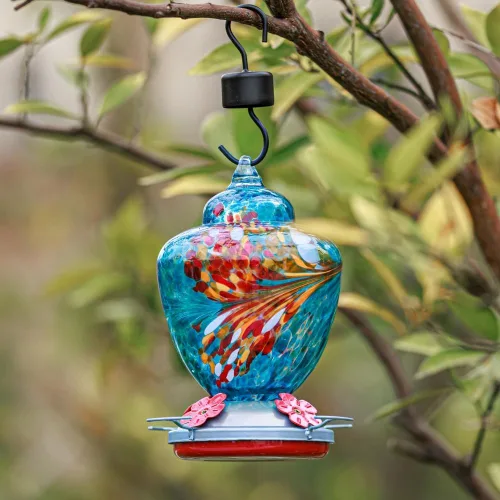 Miniatura 6 de REZIPO Comedero para colibríes con percha - Vidrio soplado a mano - Azul - Capacidad de néctar para colibríes de 38 onzas líquidas - Incluye cables