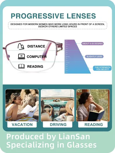 Miniatura 3 de LianSan Metal Zero Top - Gafas de lectura progresivas multienfoque para mujeres de media montura con bloqueo de luz azul, parte superior Rosa