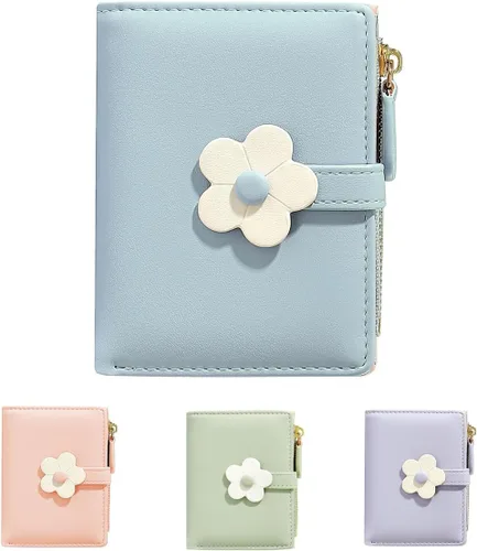 Miniatura 54 de MEISEE Billetera pequeña para niñas y mujeres, billetera de tres pliegues, bolsillo para efectivo, con estampado de flores, monedero con ventana