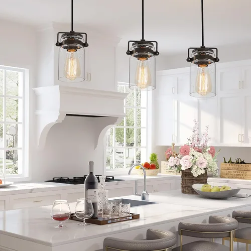Miniatura 7 de Iluminación colgante para isla de cocina, lámpara colgante de cristal moderna lineal para comedor, 1 luz, lámpara colgante industrial para techo