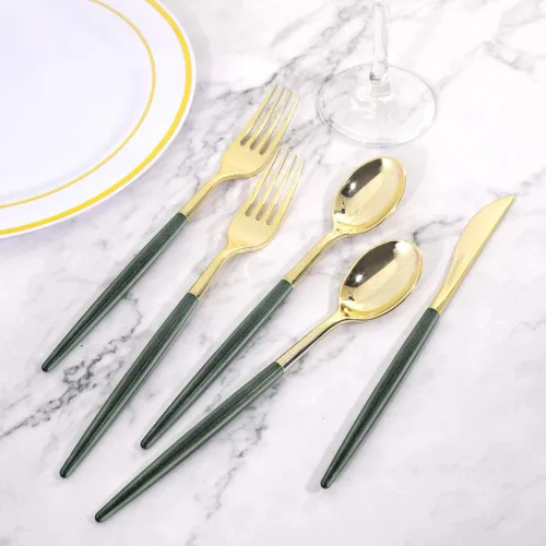 Miniatura 2 de Supernal 180 cubiertos de plástico dorado y verde, cubiertos de plástico dorado extra resistentes con mango de purpurina verde, cubiertos 180PCS