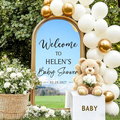JarThenaAMCS 7 calcomanías de espejo de baby shower, letrero de bienvenida, nombre de bricolaje, fecha, letras extraíbles, calcomanías de pared de