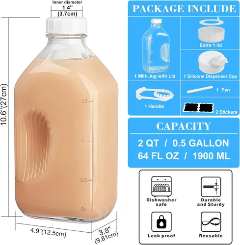 Miniatura 3 de Syntic Botella de leche de vidrio de 2 cuartos con tapa de rosca hermética reutilizable y resistente, botellas de vidrio de 64 oz para leche