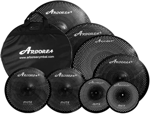 Arborea Paquete de Platillos de Bajo Volumen 8 piezas Negros para Práctica Silenciosa para Set de Tambores 10"/12" Splash/14" HiHats/16" Crash/18"