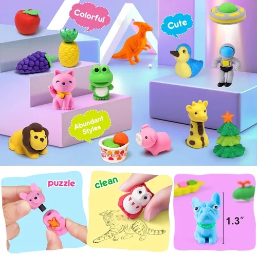 Miniatura 4 de Arscniek Paquete de 110 Borradores de Animales para Niños, Mini Borradores de Lápiz Desmontables, Mascotas de Escritorio y Juguetes de Caja