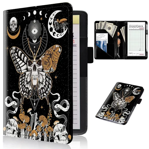 Miniatura 60 de Libros de servidor para camareras con bolsillo con cremallera – Libro de camarera gótico pastel con calavera de bruja, organizador de dinero