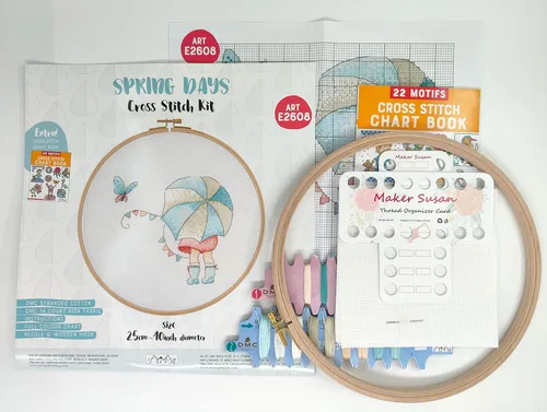 Miniatura 3 de Maker Susan Kits de punto de cruz para adultos y principiantes con patrón de días de primavera con aro de madera, tela DMC, hilos y agujas, tarjetas