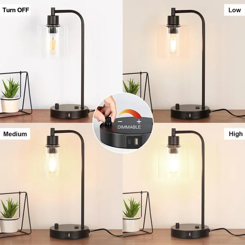 Miniatura 4 de Lámpara de mesa industrial con puertos USB A+C y toma de corriente, lámpara de mesita de noche moderna totalmente regulable, lámpara de escritorio