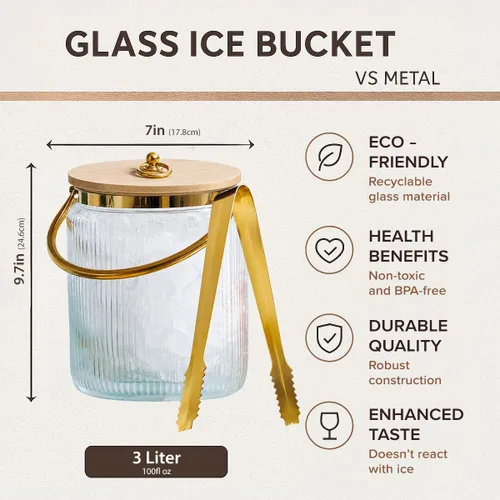 Miniatura 4 de Le'raze Cubo de Hielo de Vidrio con Tapa Hermética, Pinzas, Pala y Asa - Recipiente para Bebidas Acanalado de 3L, Accesorios para Cóctel y Bar