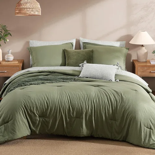 Miniatura 14 de Monbix Juego de Edredón de Tamaño Completo - 7 Piezas Verde Oliva Prelavado Ropa de Cama en una Bolsa Juegos de Ropa de Cama Completos