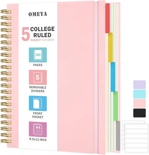 Miniatura 7 de Cuaderno de Espiral 8.5" x 11", Cuadernos de 5 Materias con Rayas Universitarias con Divisores Removibles, 300 Páginas 100GSM Diario de Escritura